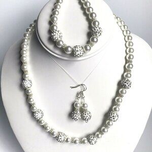 Faux Pearl Crystal Bead Necklace Bracelet Earrings